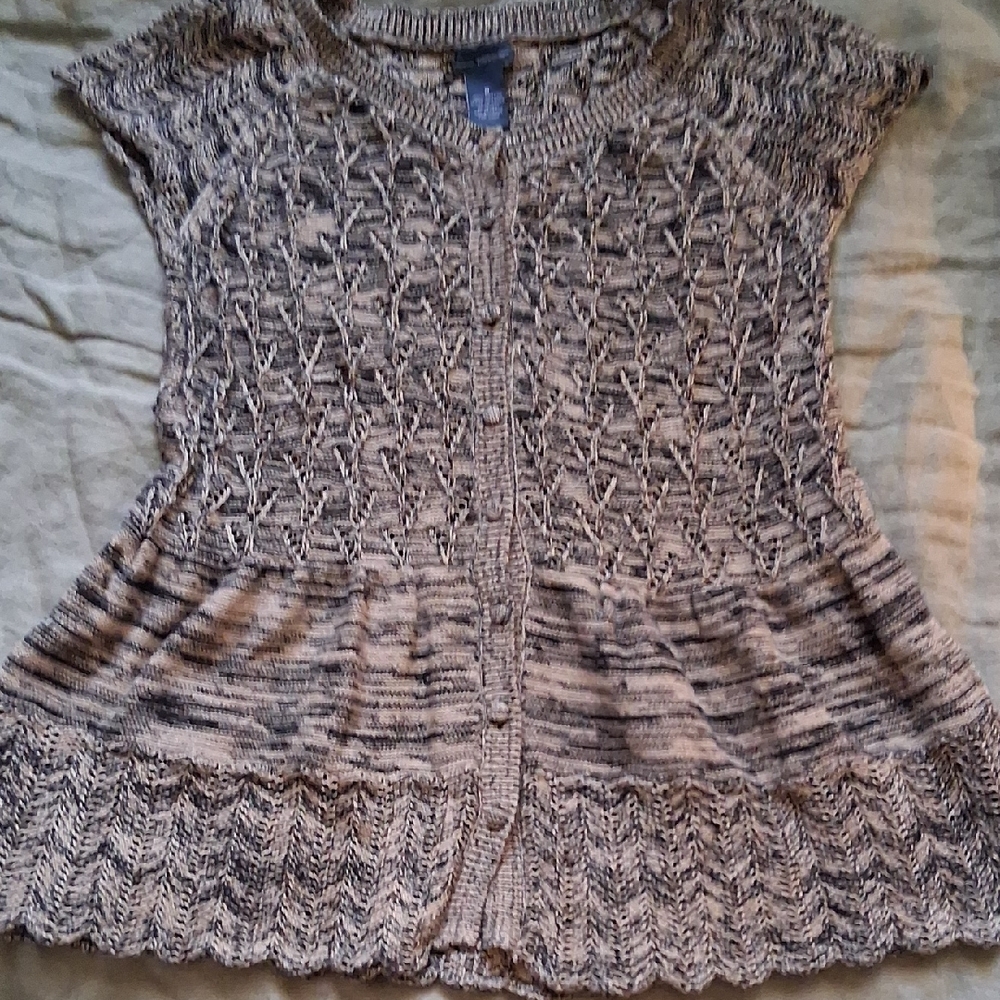 Crochet Textured Patterned Short-Sleeve Cotton Sweater Khaki Black